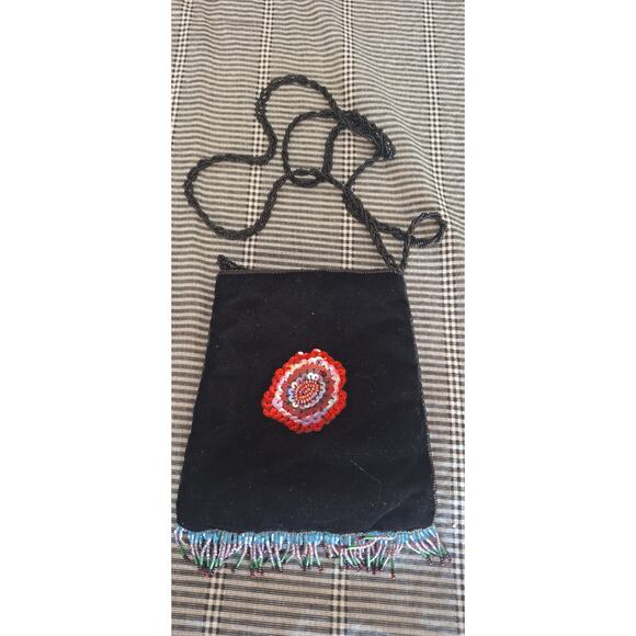 90s crossbody bag- floral bead design handbag w/ strap & fringe beading- nwot - Picture 2 of 8